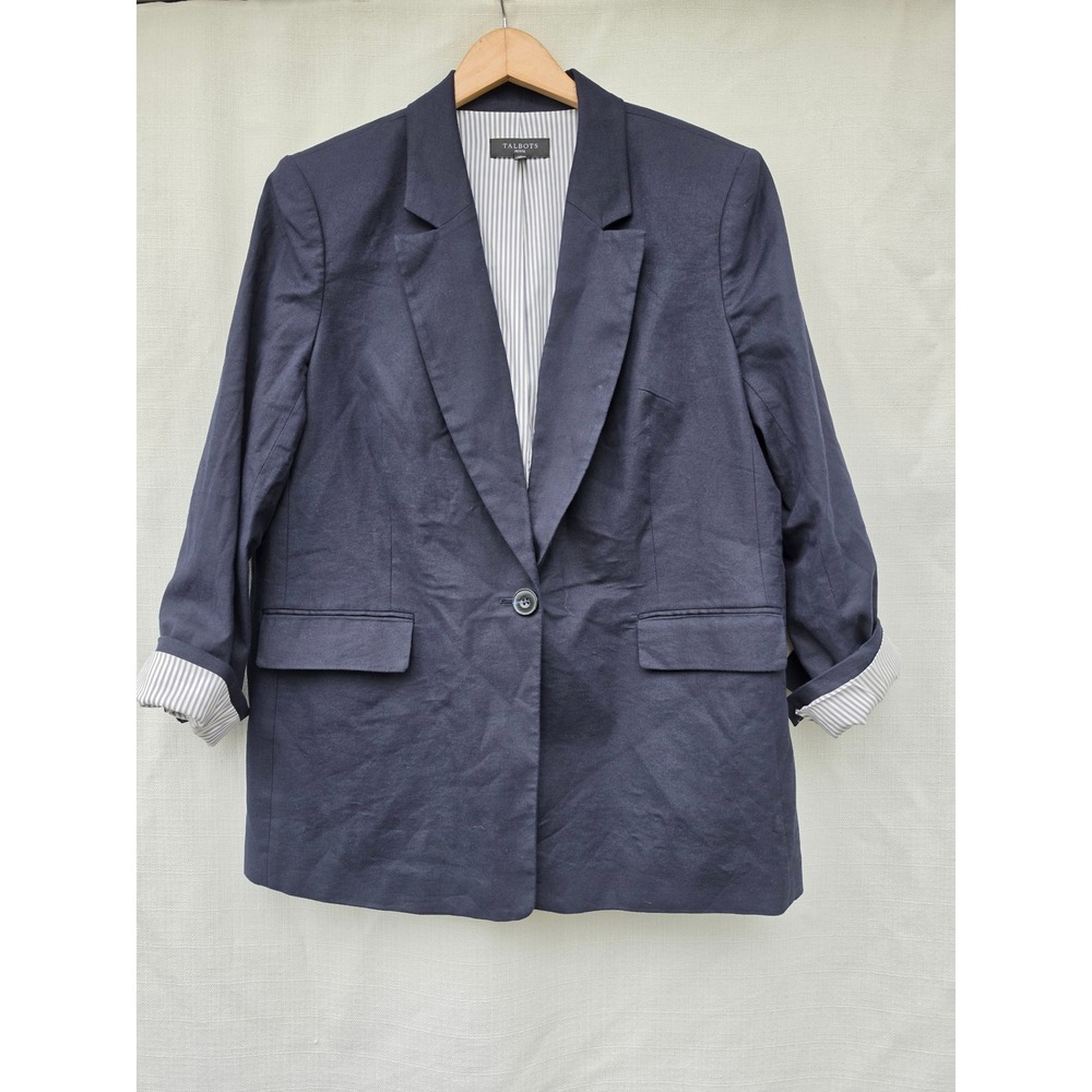 Talots Petite Navy Blue Linen Blend Pinstripe Lined Blazer Jacket 14P